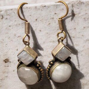Vintage 925 Sterling Moonstone Dangle Earrings Brass Tone Boho